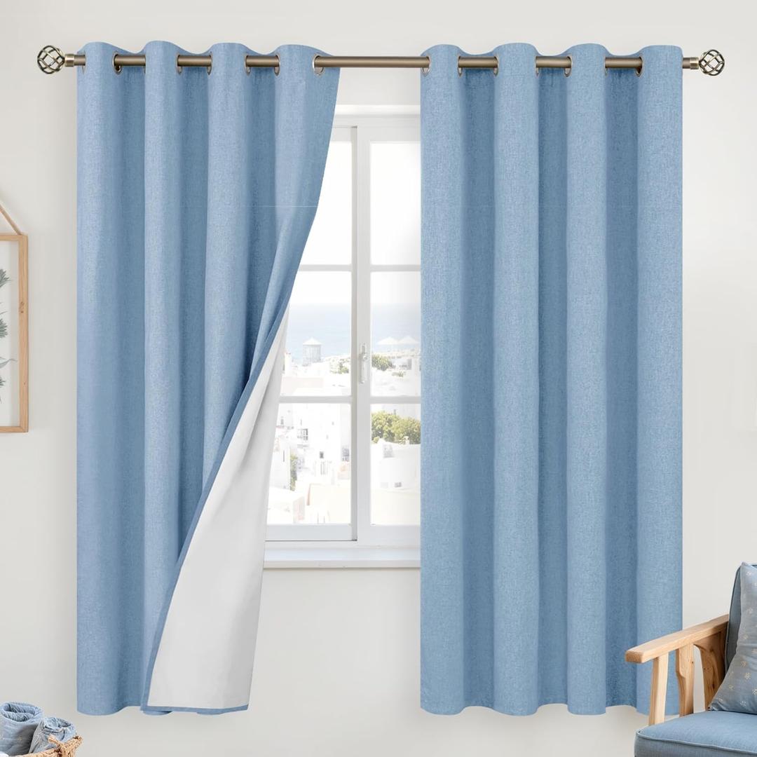 YoungsTex Light Blue Linen Blackout Curtains 63 Inches Long, Room Darkening Bedroom Drapes with Grommet Light Blocking for Living Room Thermal Insulated, 2 Panels, 52 X 63 Inch