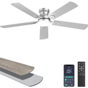 Ohniyou Ceiling Fans with Lights, 52 Inch Low Profile Ceiling Fan with Light and Remote/APP Control, Flush Mount, Dimmable, Qiuet DC Motor, Silver Ceiling Fan for Bedroom, Living Room