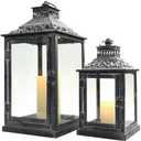 JHY DESIGN Set of 2 Antique Grey Brush Decorative Lanterns Metal Candle Lanterns for Indoor Outdoor Events Paritie and Weddings Vintage Style Hanging Lantern(with Glass)