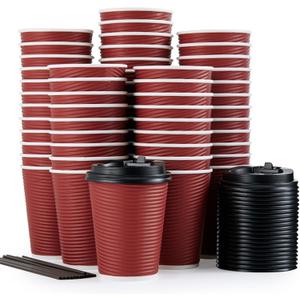 LITOPAK 80 Pack Insulated Ripple Wall 12 oz Disposable Paper Cups, Three Layer Insulated Hot Paper Coffee Cups with Lid and Straws for Parties, Picnics, and Travel (Red)