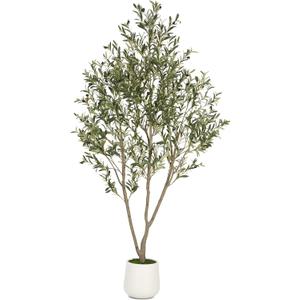 Olive Trees Artificial Indoor, 7FT Tall Faux Olive Tree with White Tall Planter, Artificial Plants with Natural Wood Trunk and Lifelike Fruits for Home Office Decor