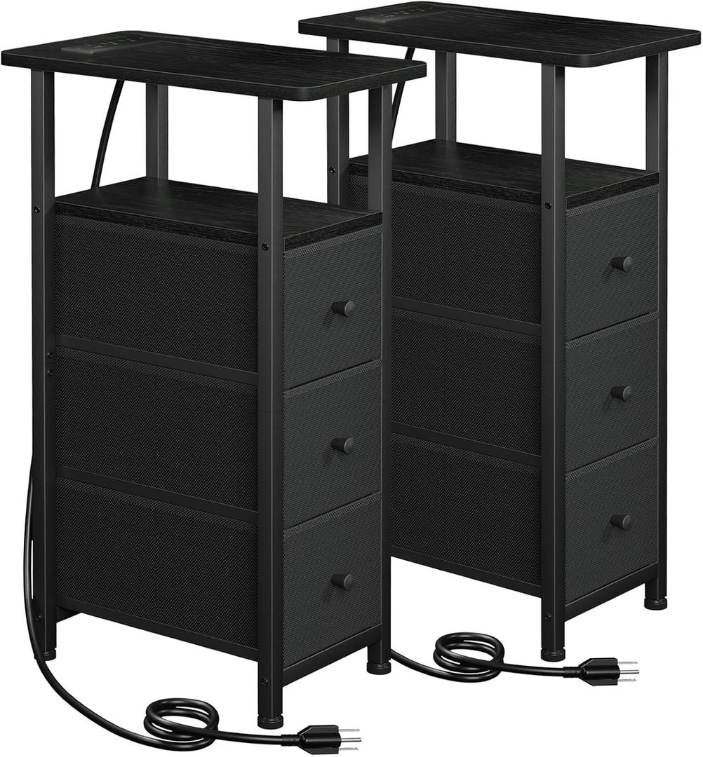 Narrow End Tables Living Room Set of 2 with Charging Station, Skinny Side Table with Fabric Drawers, Slim Nightstand for Bedroom, Small Spaces, Couch, Black, HETNDP03BK