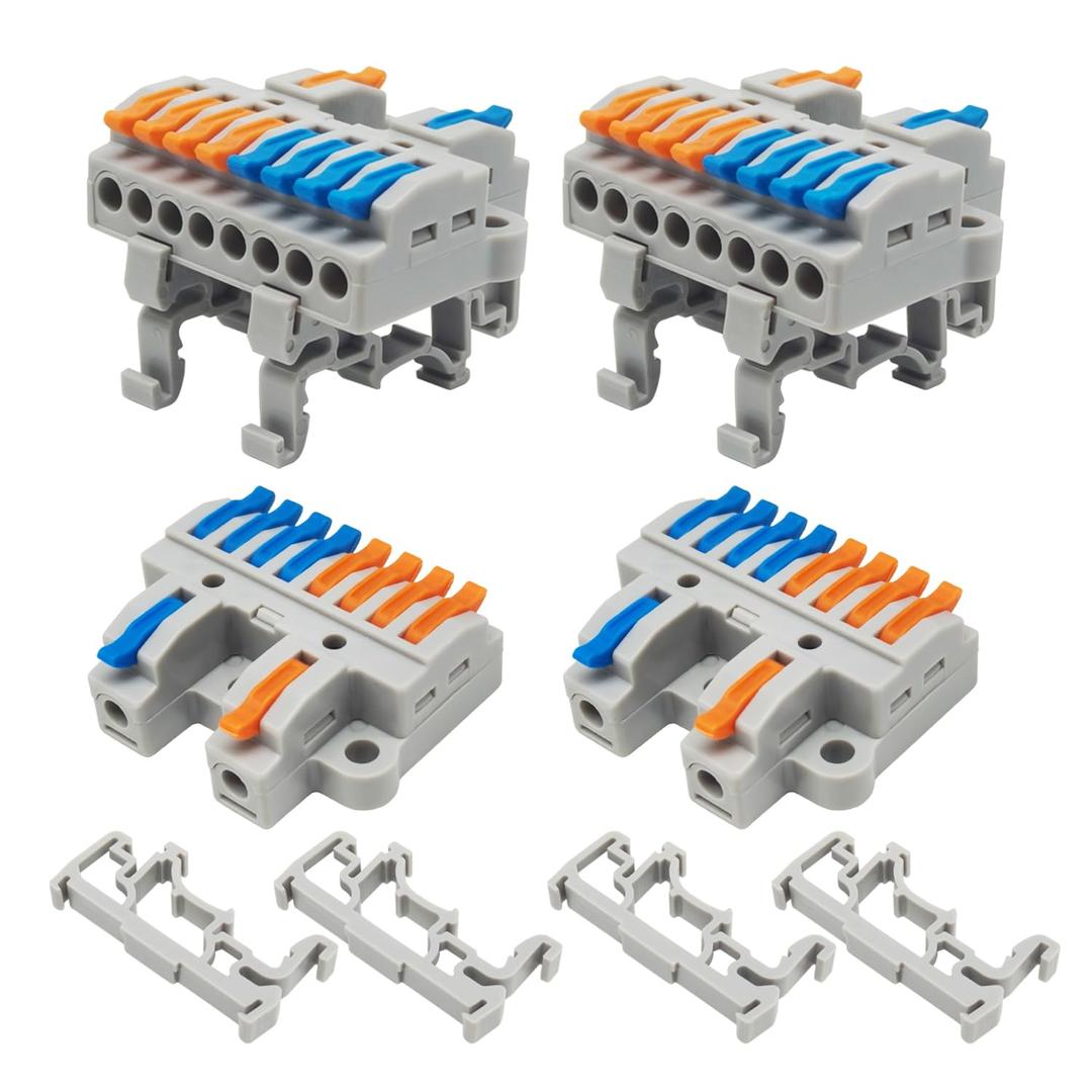4PCS DIN Rail Terminal Blocks with 8PCS Removable Rail Clip Quick Wiring Cable Connectors Push-in Conductor Terminal Block (2 in 8 Out)