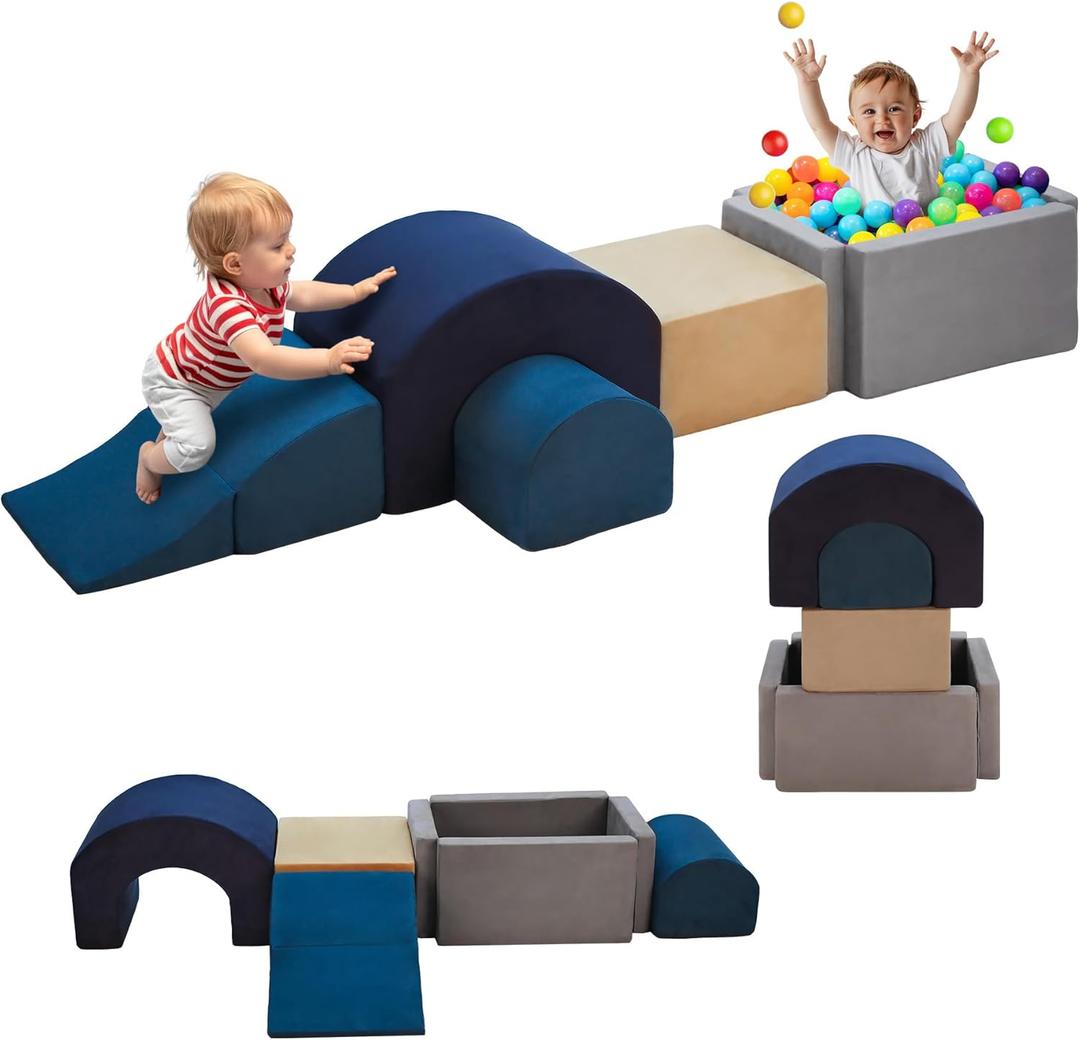 Climbing Toys and Blocks - Indoor Soft Foam Climber PlaySet for Toddlers, Kids, and Babies Ages 1-3 - Perfect for Crawling and Ball Pit Play (Grey/Blue)