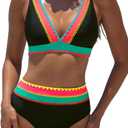 popvil High Waisted Bikini Sets for Women Two Piece Swimsuit Neon Bathing Suits V Neck Full Coverage Swim Suits 2026, L