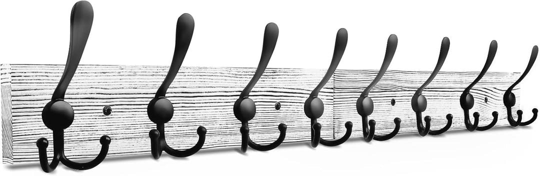 IBosins Wall Mounted Coat Rack, 31.4'' Long, Rustic Wood & Aluminum Coat Rack with 8 Black Tri-Hooks for Coat, Bag, Towel, Key, Hat, Umbrella (Old White)
