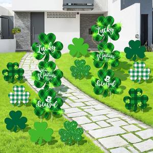16 Pieces St. Patrick's Day Decorations Outdoor Yard Signs with Stakes LED Light Lawn Sign 11.8 Inch Waterproof Shamrock Green Plaid Glitter Decoration for St. Patrick's Day Garden Party Home