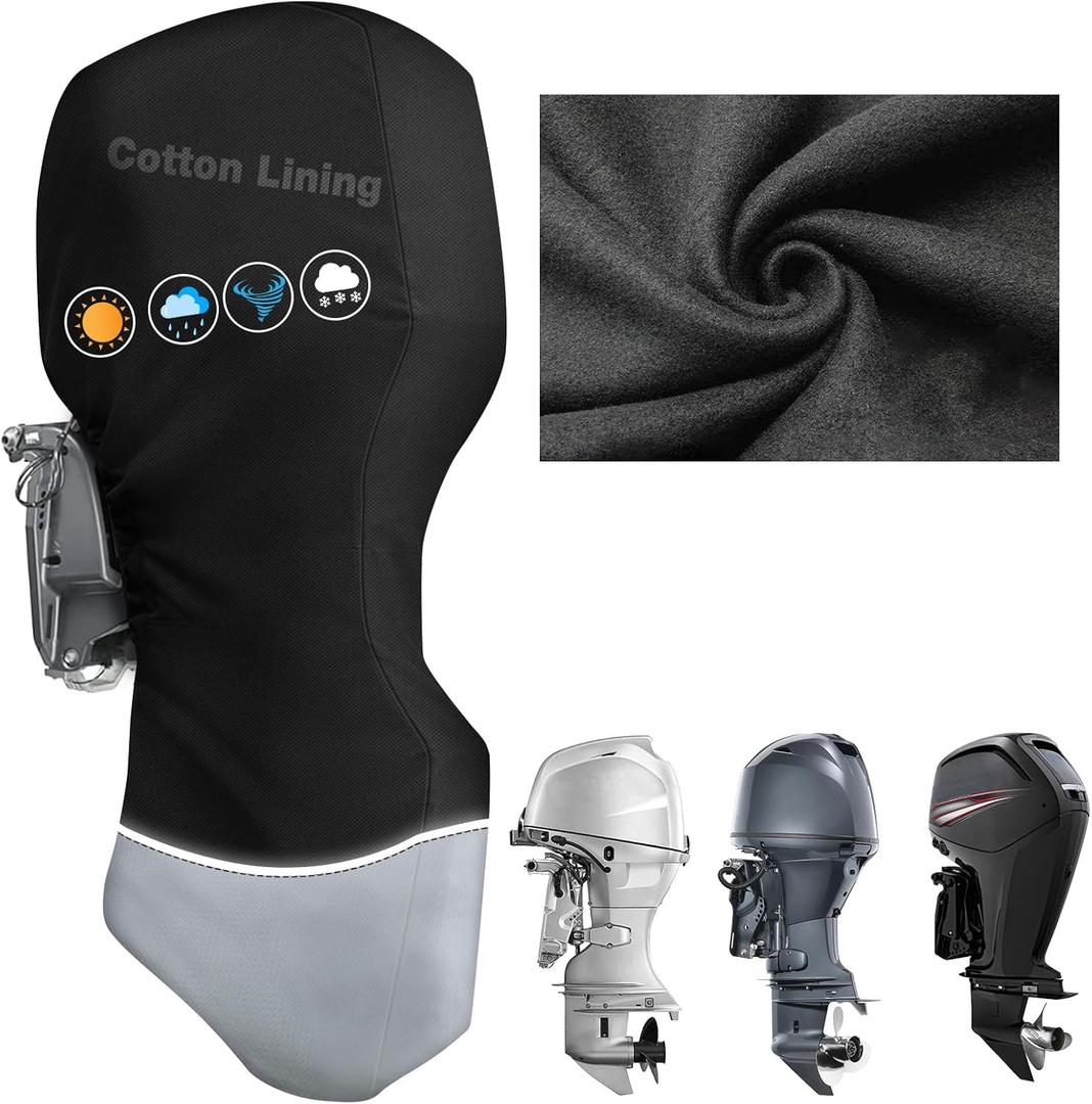 Outboard Motor Cover, 1200D Full Boat Motor Cover with Soft Cotton Lining Fit 90-150 HP Motor, Waterproof & Heavy Duty, Windproof Boat Engine Cover with Elastic Drawstring, Zipper, Black Grey