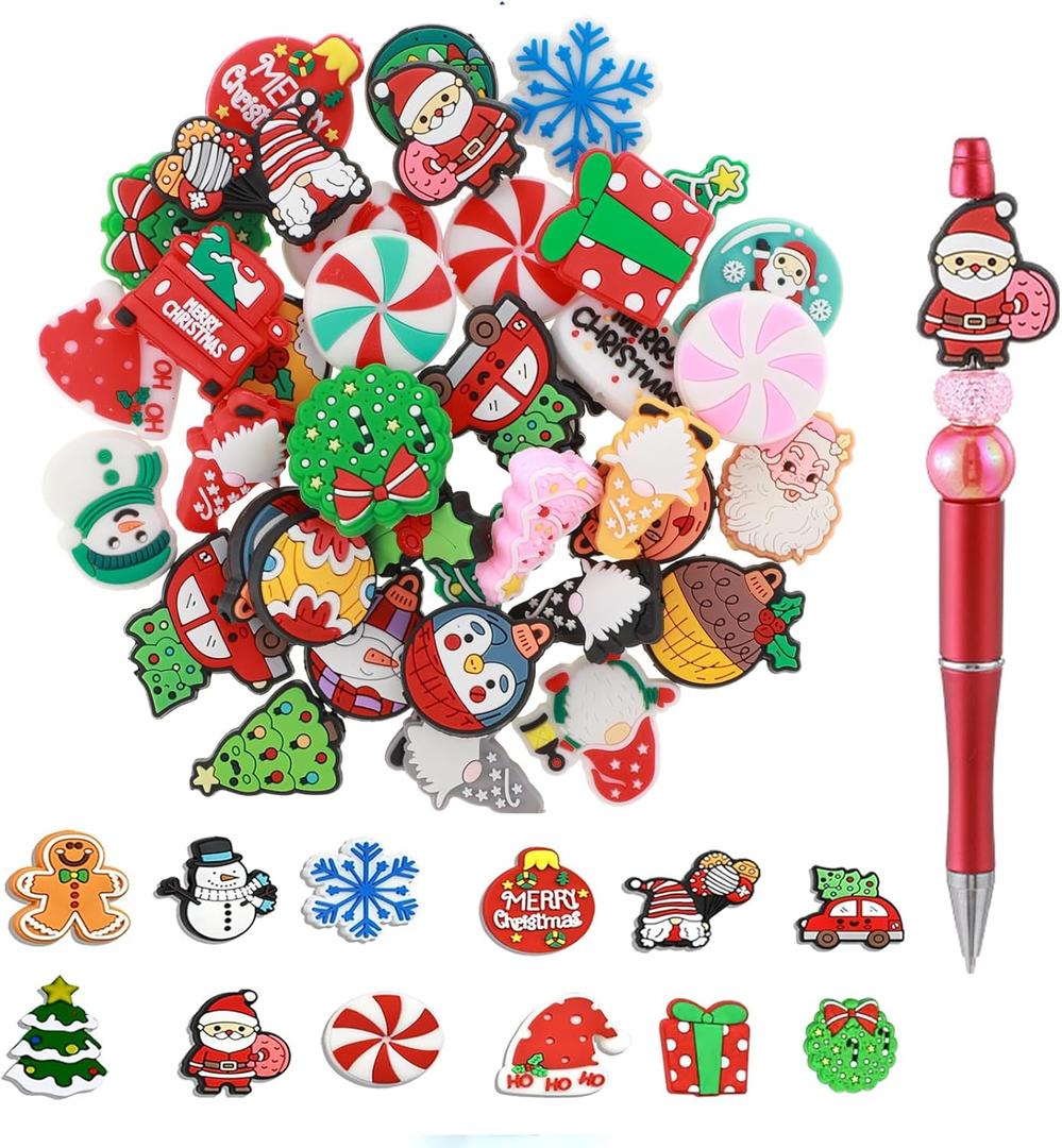 120 Pcs Christmas Silicone Focal Beads Bulk Santa Snowman Tree Wreath Gingerbread Man Festive Elements Beads for Pen Holders Keychains Bracelets DIY Crafts, Silicone Handmade Gifts