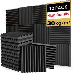 FONESO Acoustic Foam Panels, Sound Proof Foam Panels for Walls, High Desnsity Studio Soundproofing Wedges - Fire Resistant & Noise Absorbing for Studio, Office, Home (Black, 1"x12"x12" 12Pack)