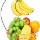 Livabber Countertop Fruit Basket Bowl with Banana Hanger, Modern Standing Fruit Vegetable Bowl Storage, with Banana Tree Holder for Kitchen Dinning Table (Round Wood, Chrome)