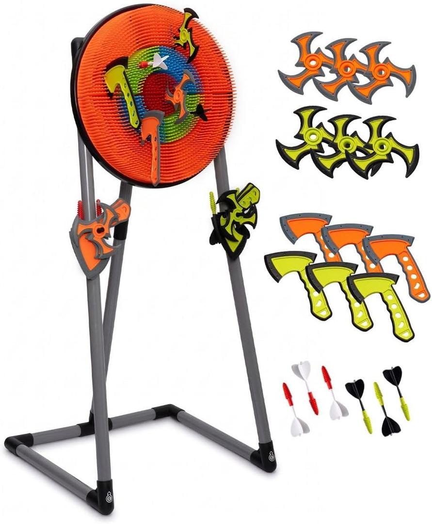 GIRAFFYCO Axe Throwing Game Set for Backyard, Target Stand with 6 Axes, 6 Throwing Stars & 6 Dart-Style Pieces, Indoor/Outdoor Yard Game for Kids, Teens, Adults & Family Play