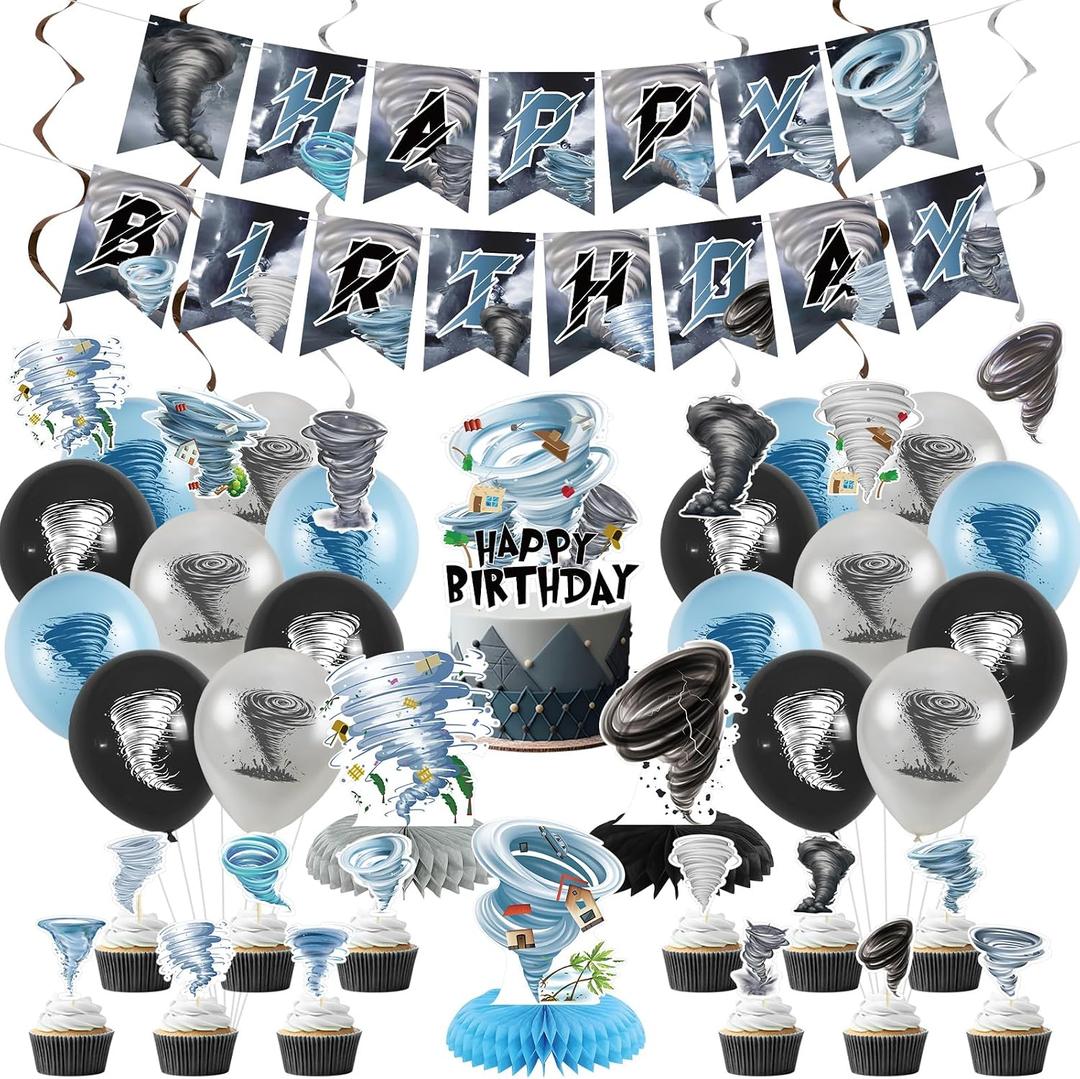 Tornado Birthday Party Decorations - Tornado Party Supplies including Happy Birthday Banner, Spirals, Cake Toppers, Table Centerpieces, Balloons, Tablecloth (LQ)