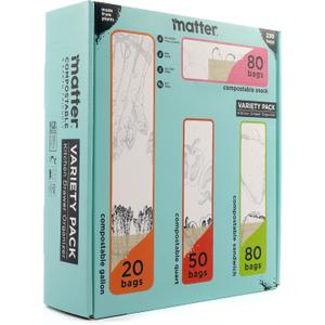 Matter Compostable Assorted Kitchen Bags, 230 Count, Biodegradable, Eco-Friendly Resealable Food Storage Variety Pack, 80 Snack, 80 Sandwich, 50 Quart & 20 Gallon