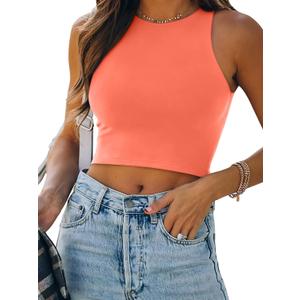 REORIA Butsmooth Women's Sleeveless Halter Neck Double Lined Casual Basic Crop Tank Tops (Neon Pink)