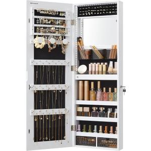 SONGMICS Mirror Jewelry Cabinet Armoire Organizer, Wall or Door Mount Storage Cabinet with Full-Length Frameless Lighted Mirror, Built-in Makeup Mirror, 2 Drawers, Lockable, White UJJC013W01