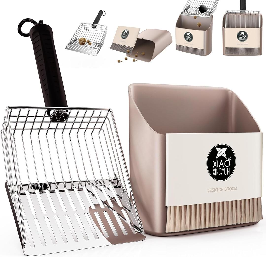 Cat Litter Scooper with Holder, Metal Litter Scoop Includes Portable Small Broom and Dustpan Set, Heavy Duty Stainless Steel Litter Scoop with Coarse and Fine Grid, Quick Sift and Easy Clean (Grey)