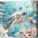 DUOHUTRA Sea Turtle Bathroom Wall Decor Ocean Theme Canvas Wall Art Coastal Nautical Prints Picture Watercolor Coral Marine Life Painting for Kid Bedroom Living Room Home Decoration 20"x20"
