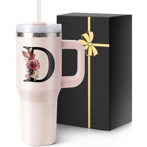 Initial 40 Oz Tumbler with Handle Lid Insulated Travel Cup Women Her Sister Mom Girlfriend Aunt Best Friend Friendship Bestie Wife Birthday Cool Cute Daughter Law Lady Unique Aesthetic Gift D