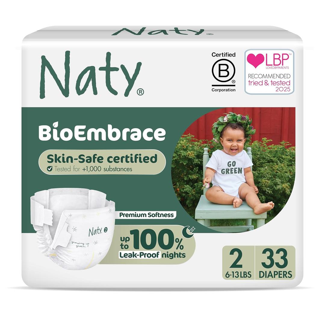 Naty BioEmbrace Baby Newborn Diapers | Sensitive Skin Safe Certified | Leak Protection up to 100% | Plant-Based Teddy Softness, Premium Comfort | Chlorine-Free | Size 2 (613 lbs), 33 Count