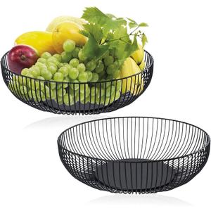 Yesland 2 Pack Metal Wire Fruit Basket- 11 Inches Black Kitchen Countertop Fruit Bowl Vegetable Holder for Bread, Snacks, Households Items Storage for Kitchen, Livingroom (Low)