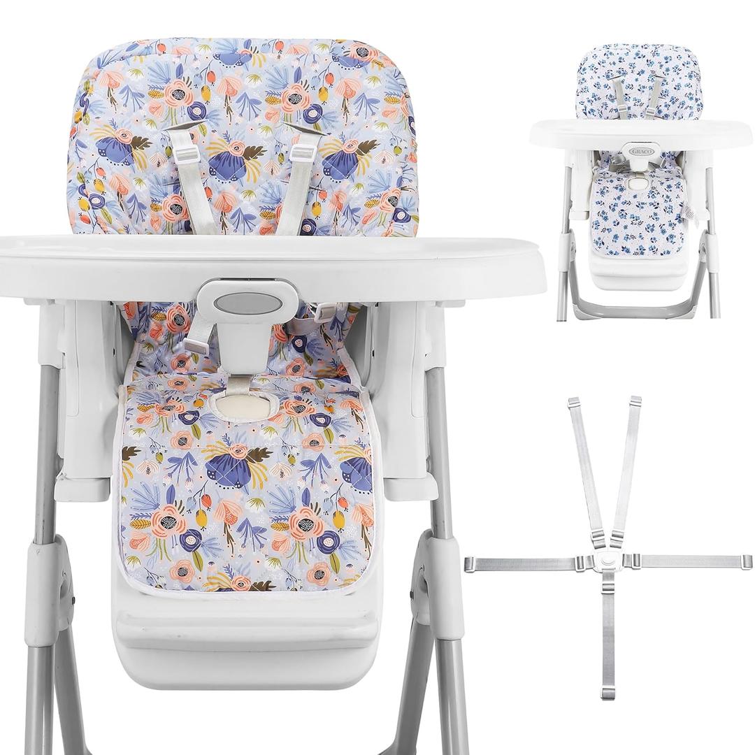 Baby High Chair Cover Replacement, Reversible & Waterproof High Chair Cushion Pad Home & Restaurant use, Includes 5-Point Harness Strap, Chair Not Included - Blue