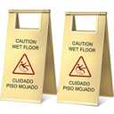 Kigley 2 Pcs Wet Floor Sign, 17 Inch Stainless Steel Caution Wet Floor Sign Double Sided Portable Foldable Bilingual Safety Warning for Hotel Market Restroom Restaurant Office (Gold)