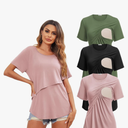 Ekouaer Women's Maternity Shirts Short Sleeves Nursing Tops 3 Pack Double Laye Breastfeeding Tees Pregnancy Clothes L.