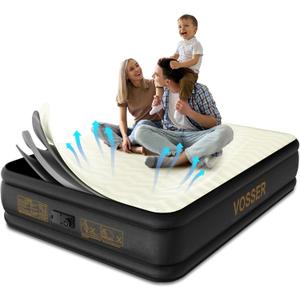 VOSSER Queen Air Mattress with Built-in Pump,18'' Foam Topper Blow Up Mattress,Luxury Inflatable Mattress 2 Mins Self-Inflation/Deflation - Breathable and Flatness-Free for Camping, Home & Guests