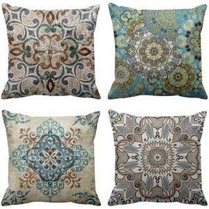 Emvency Set of 4 Boho Throw Pillow Covers Vintage Abstract Brown Green Teal and Grey Plant Leaf Floral Decorative Pillow Cases Home Decor Standard Square 20x20 Inches Pillowcases