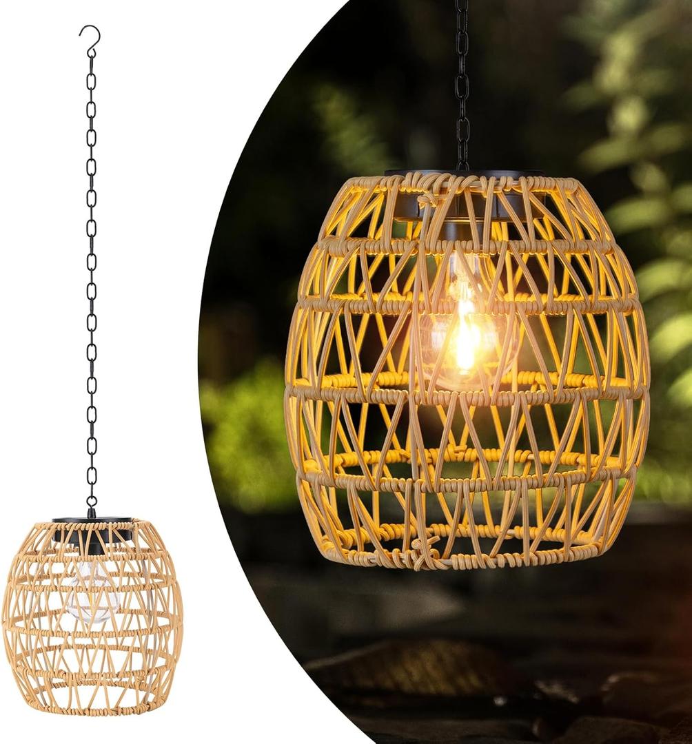 Larekook Solar Chandelier Outdoor,Natural Rattan Solar Lanterns Outdoor Waterproof Pendant Lights with Edison Bulb,Bamboo Woven Hanging Decorative Lanterns for Gazebo Garden Patio Porch Tree