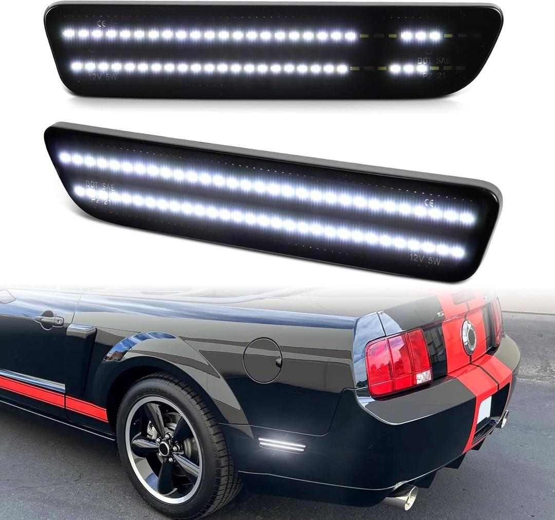 Dynamic White LED Side Marker Lights for Ford Mustang 2005-2009 Dual Rows Rear Fender Bumper Lamp Assembly 2pcs Smoked Lens