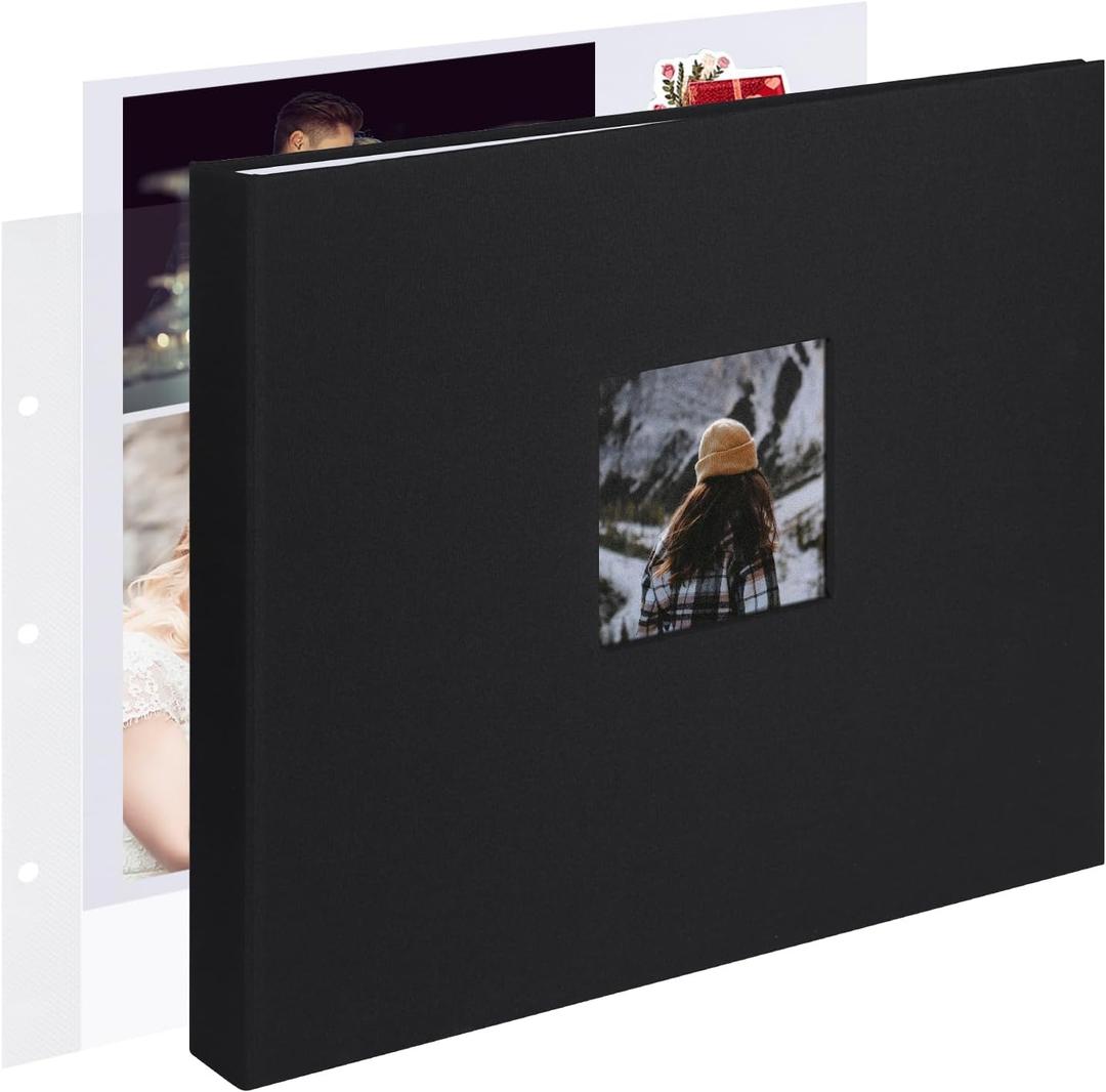 12x12 Inch Large 3 Ring DIY Scrapbook Photo Album Journal with 30 Plastic Sleeves 60 Pages and Fabric Cover for Baby Travel Wedding Anniversary kids Adventure (Black Cover/White Pages)