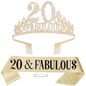 Hapdoo 20th Birthday Decorations for Women, 20th Birthday Gifts Sash and Crown for Women Set, 20 & Fabulous Party Supplies, Gold