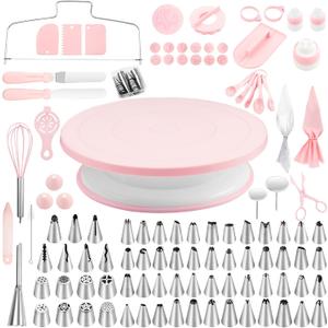 Cake Decorating Supplies Kit, Cake Turntable for Decorating, 64 Icing Ping Tips, 32 Piping Bags,3 Icing Scrapers, 2 Spatulas, 14 Fondant Mould, Cake Leveler for Baking Beginners
