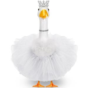 4 Pcs Princess Porch Goose Outfit for 23" 17" Cement Lawn Goose Costume Crown Necklace Tutu Skirt Feather Trim for Princess Outdoor Garden Lawn Art Decor(White)