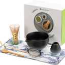 Matcha Set 8-Piece Japanese Tea Ceremony Kit with Ceramic Bowl, Bamboo Whisk & Holder, 2 Scoops, Strainer, Tea Cloth - Complete Gift Set for Traditional Brewing(Gradient Black)