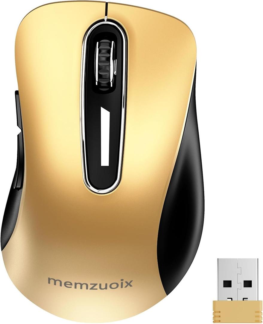 Memzuoix 2.4G Wireless Mouse, 1400 DPI Mobile Optical Cordless Mouse with USB Receiver, Portable Computer Mice Wireless Mice for Laptop, PC, Desktop, MacBook, 5 Buttons (Gold)