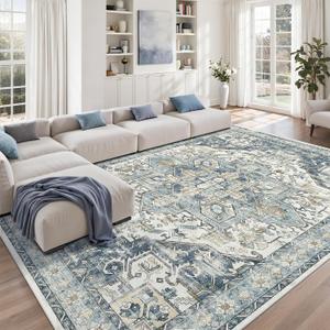zesthome 9x12 Area Rugs-Washable Rug for Living Room, Non-Slip Backing Rugs, Stain Resistant 9x12 Rug for Bedroom, Ultra-Thin Low Pile Rugs, Vintage Large Home Decor (Blue/Ivory)