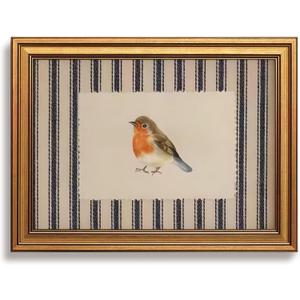 Vintage Gold Framed Bird Wall Art for Cottagecore Decor, Robin Illustration Canvas Prints, Striped Nature Artwork, Animal Oil Printings Pictures Wall Decor for Kids Room Bedroom 16x24 Inch