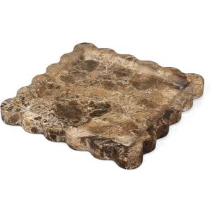 Square Marble Vanity Tray with Scalloped Edge - Natural Marble Perfume Tray Decor for Dresser, Vanity, Kitchen, Home Decor, Decorative Square Stone Tray - Brown 8 x 8 inch