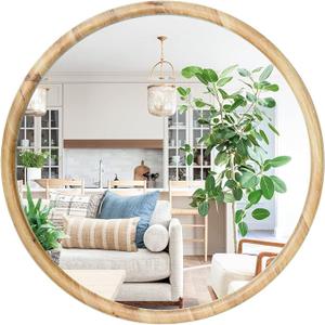sawsile Round Wood Mirror 24" Natural Circle Wooden Nursery Farmhouse Rustic Decorative Large Wall Mirror for Bathroom,Living Room, Fireplace,Hallway