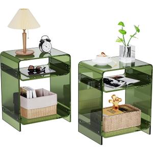 Acrylic End Table Record Player Table with Storage Shelf Clear Side Table Nightstand (Green Double), 15.7x19.7x11.8