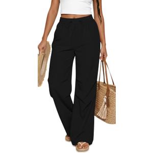 Women Super Lightweight Wide Leg Loose Fit Elastic High Waisted Palazzo Pants Casual Summer Cruise Outfits (Black, XL)