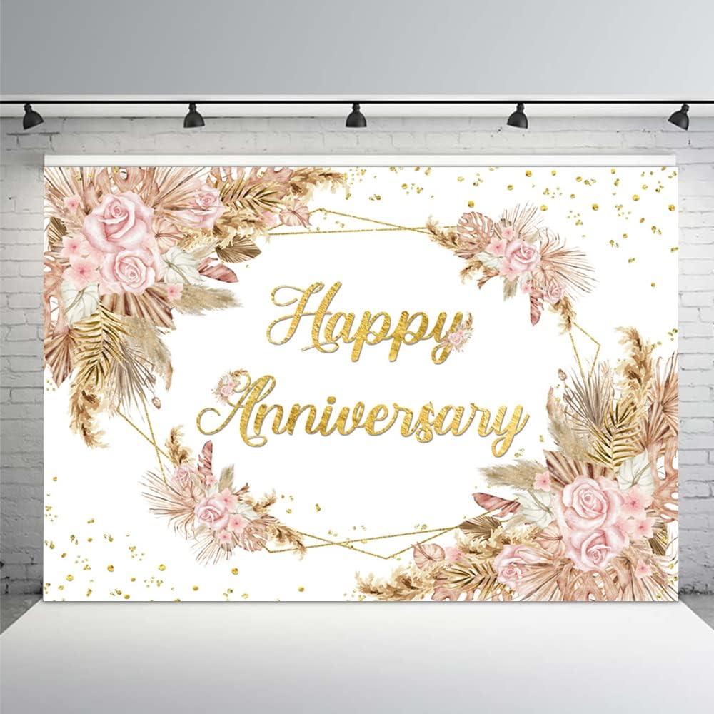 MEHOFOND Boho Happy Anniversary Backdrop Bohemia Pampas Grass Engagement Banner Couple Love Cheers to 1 10 Years 50th Wedding Birthday Party Decorations Blush Pink Floral Photography Background 7x5ft