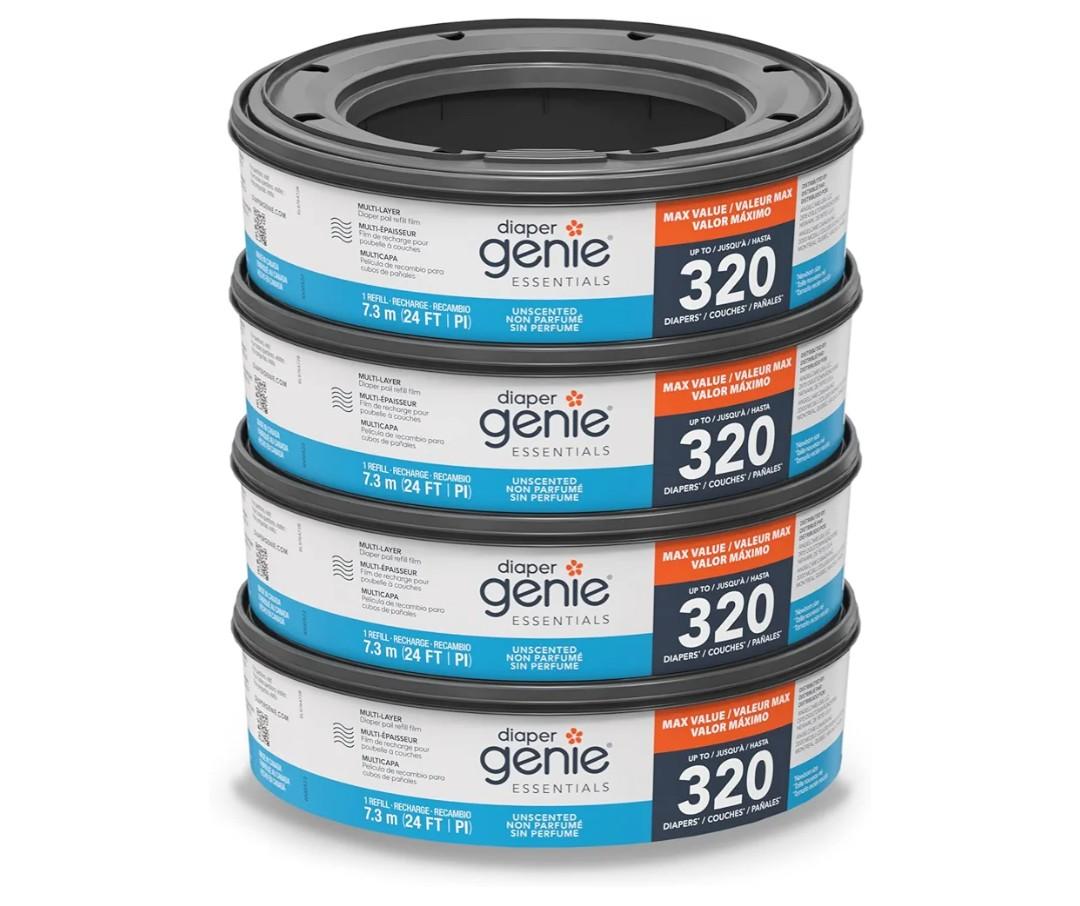 Diaper Genie Essentials Round Refill Pack of 4 | Holds Up to 1280 Newborn Diapers | Features Unscented Continuous Film | Compatible with Diaper Genie Complete and Expressions Pails