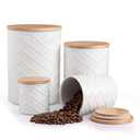 Sweejar Ceramic Canister Sets for Kitchen Countertop, Relief Food Storage Jar with Bamboo Lid, Stackable Container for Flour, Coffee, Pasta, Cereal, Tea, Cookies, Sugar, Spices, Pack of 4, White