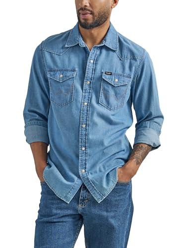 Wrangler Men's Iconic Denim Regular Fit Snap Shirt, Lake Wash, XX-Large