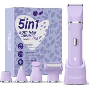 5-in-1 Bikini Trimmer for Women, IPX7 Waterproof Electric Razors Shaver, Cordless Body Hair Trimmer, Facial & Pubic Hair Removal, Ceramic Blade (Purple)