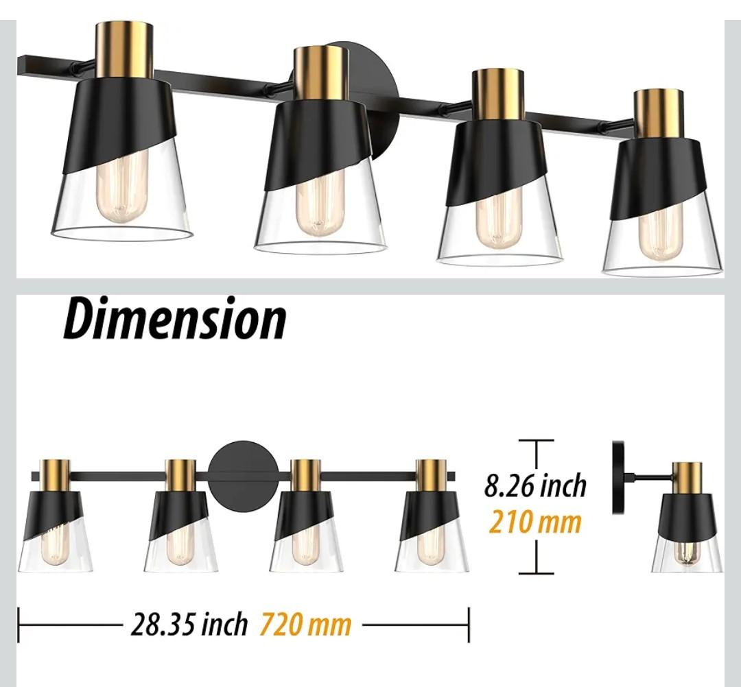 URSOLA Bathroom Light Fixtures, 4 Lights Bathroom Lighting Fixtures Over Mirror, 28.34 inch Black and Gold Design with Bevelled Edge and Clear Glass Shade Wall Lamp
